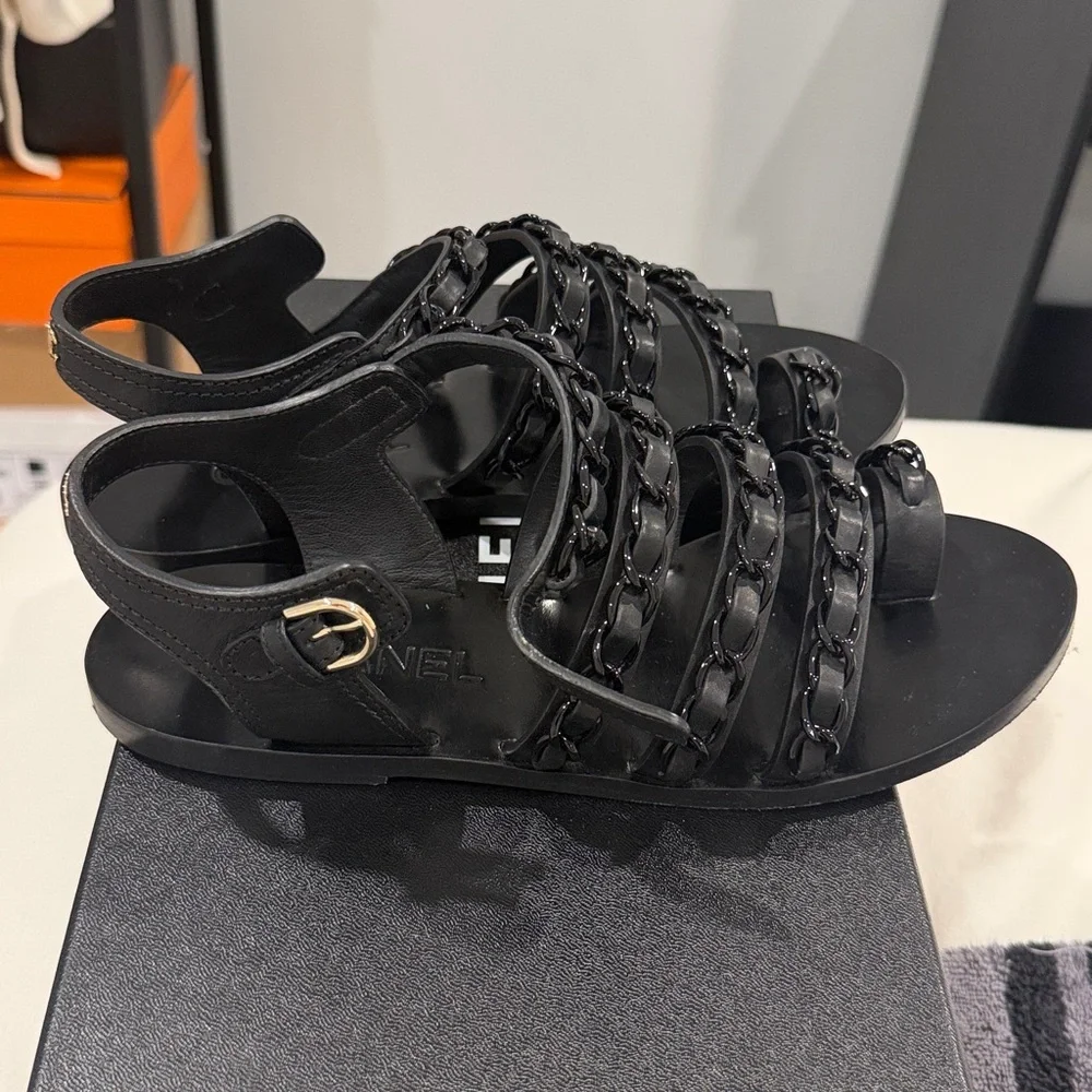 CHANEL Black Leather Chain-Strap Slingback Sandals
